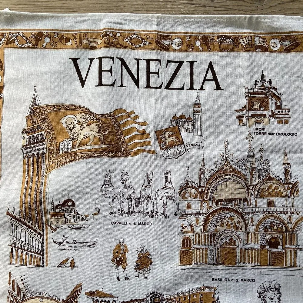 Vintage VENEZIA Venice Italy Monvenir Large Landmark Tea Towel Made In Italia
